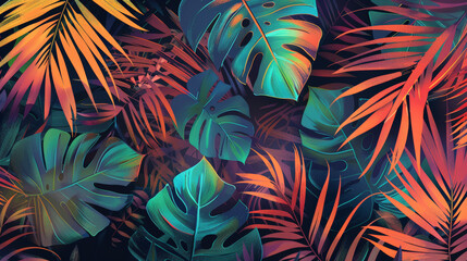 lush tropical foliage in vibrant sunset colors