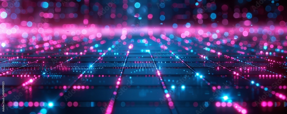 Poster neon grid with glowing lines on a dark background