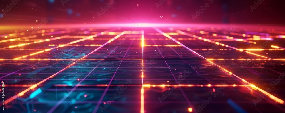 Poster neon grid with glowing lines on a dark background