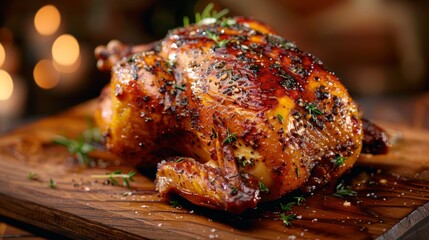 Close-up of rotisserie chicken with crispy golden skin and tender meat, garnished with fresh herbs. Juicy and savory culinary concept