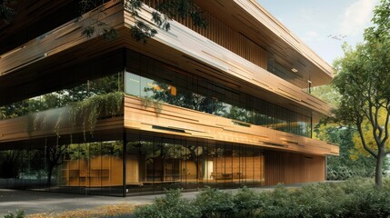 Fototapeta premium eco-conscious building facade with layered wood cladding, each layer designed to provide natural insulation and reduce energy consumption