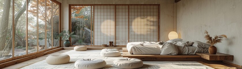 Zeninspired bedroom bright natural light minimalist decor natural materials and a calming color palette promoting relaxation and tranquility