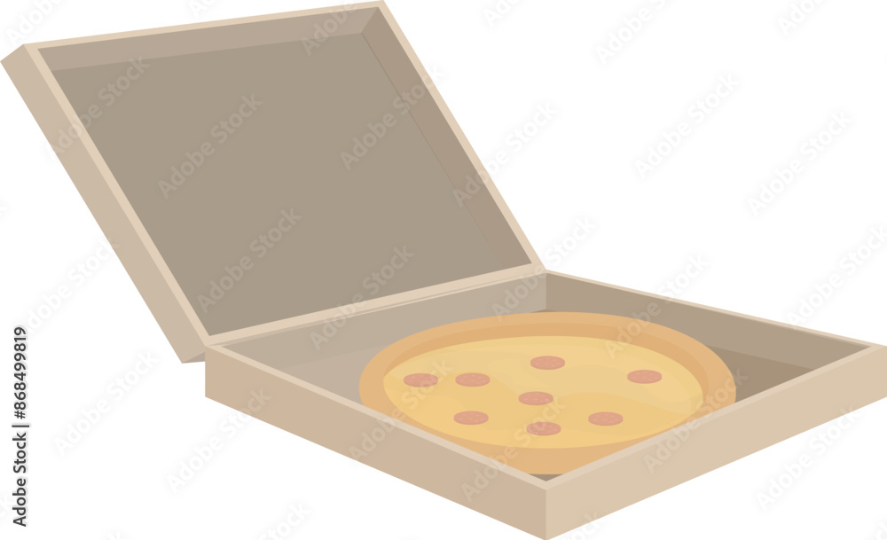 Poster delicious pizza with toppings in a partially open cardboard box for delivery or takeout
