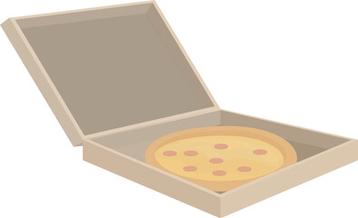 Delicious pizza with toppings in a partially open cardboard box for delivery or takeout