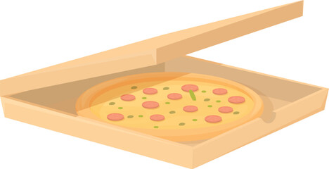 Cardboard pizza box presenting delicious freshly baked pizza with pepperoni and green peas
