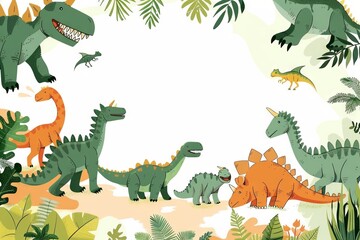 Naklejka premium Cute cartoon dinosaur themed party with blank space at center, dinosaur toy for childhood children with space