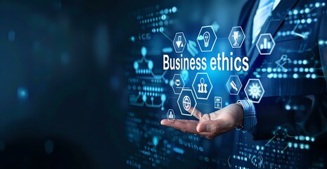 A professional showcasing a holographic display of business ethics icons, representing principles like integrity, transparency, and corporate responsibility. Ideal for business, ethics training