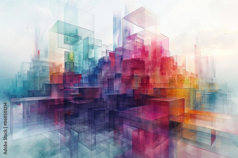 Poster abstract futuristic cityscape art featuring colorful overlapping geometric shapes, creating a dynami