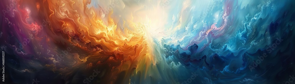 Poster vibrant abstract artwork featuring a mesmerizing blend of warm and cool colors in a dynamic celestia