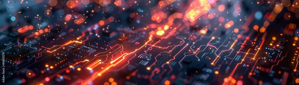 Poster abstract close-up of a futuristic circuit board with glowing lines and bokeh light effects, represen