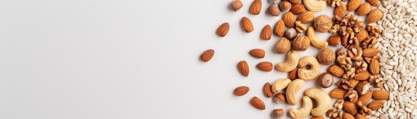 Assorted nuts and grains on a white surface, including almonds, cashews, and oats, ideal for healthy eating and nutrition concepts.