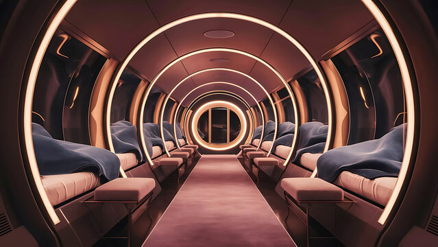 Modern futuristic capsule hotel. A sleek interior technology design of a hyperloop capsule hotel.