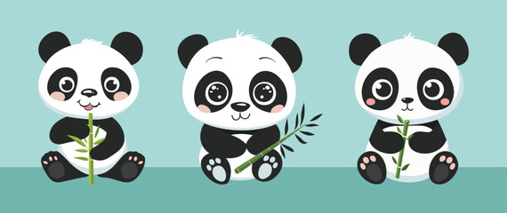 Set of vector illustration of panda bear holding a bamboo shoot with a simple smile on a light blue background © mittpro