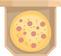 Freshly baked pizza with salami and cheese lying in cardboard box waiting for delivery