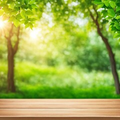 wooden showcase with green farm background