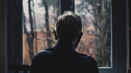 An elderly man with gray hair gazing out a window on a rainy day, reflecting solitude and contemplation. back view