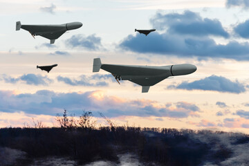 A group of military combat drones Shaheed flying over a forest, smoke from military action in Ukraine, evening lighting.