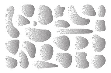 Set of shapes with gradient noise. Round grainy textures of liquid forms