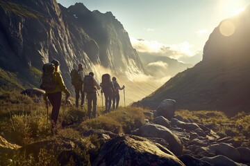 Obraz premium A group of friends hiking in the mountains, wearing backpacks and carrying walking sticks. The background is a mountain landscape with rstunning scenery. Adventure travel and outdoor concept.