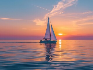 serene sailboat gliding across calm ocean at golden hour billowing white sails catch warm sunset light creating a romantic silhouette against vibrant sky