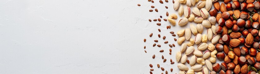 Assorted seeds on white background, featuring a variety of colors and types, perfect for concepts related to nature, agriculture, and health.