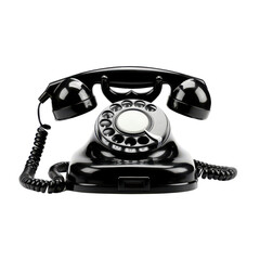 Vintage black rotary dial telephone with coiled cord and handset, isolated on white background, representing retro communication technology.