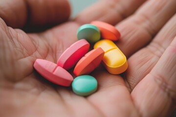 Colorful Pills In Hand, Close Up, Selective Focus