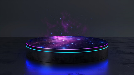 Stone podium background for product display featuring an abstract galactic nightscape with the pulse of the universe,宇宙の鼓動を感じる抽象的な銀河の夜景を備えた製品ディスプレイ用の表彰台の背景,Generative AI