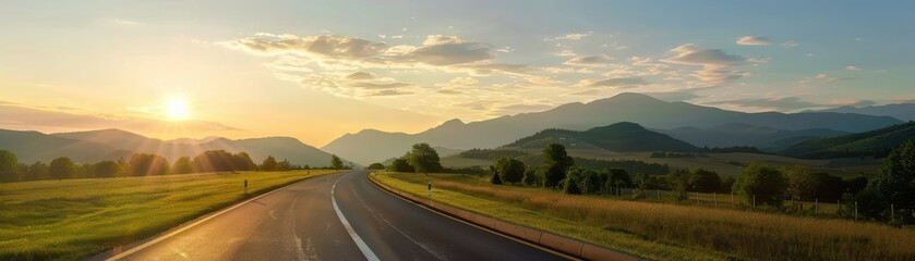 A scenic road extending into the horizon during a peaceful sunrise, surrounded by lush greenery and distant mountains.