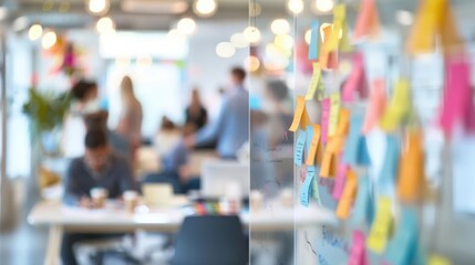 Woman placing sticky notes on a whiteboard full of colorful notes in a creative office environment. Concept of brainstorming and planning.