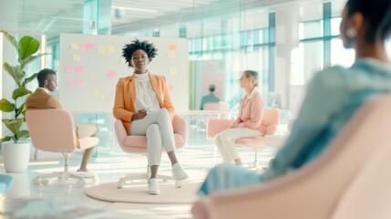 Fototapeta premium Diverse group in a modern office having a casual meeting, with a woman in an orange blazer speaking. Concept of teamwork and collaboration.