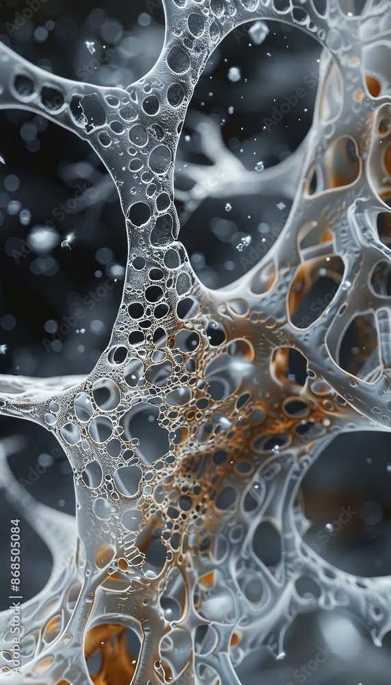 Poster close-up shot of a detailed abstract structure with organic, cellular patterns and textures in a blu