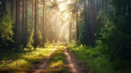 Obraz premium A beautiful forest path with tall trees and dappled sunlight