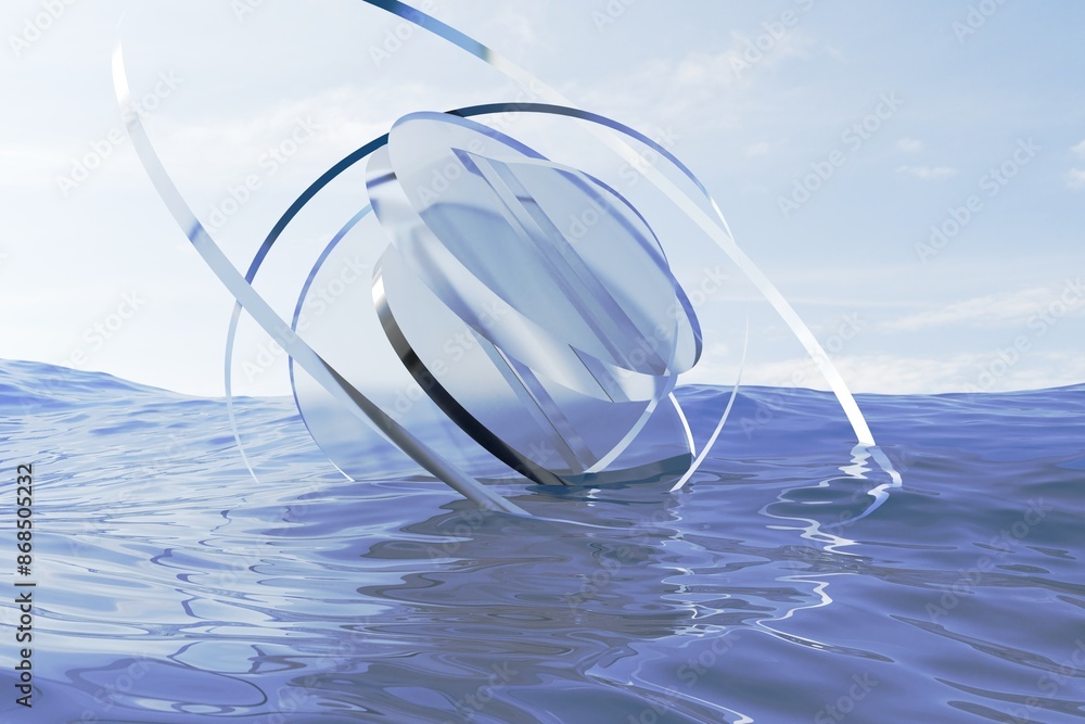 Poster 3d abstract surreal landscape artwork. sci fi elements. complex abstract glass structure floating in