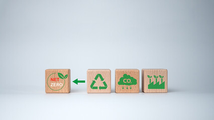 Carbon credit to limit global warming from climate change, A wooden block with the letters Net zero on it. The block is placed on top of a white background, Concept of environmental responsibility.