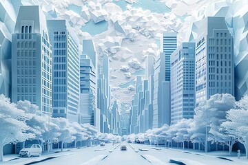 Futuristic cityscape with tall skyscrapers, tree-lined streets, and a dramatic sky. Digital art with a modern, blue-toned aesthetic.