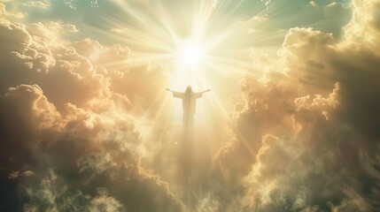 transcendent scene of jesus parting heavenly clouds divine light streaming down arms outstretched receiving celestial blessings ethereal atmosphere conveying spiritual awakening