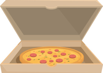 Delicious pizza with salami and cheese being delivered in a cardboard box
