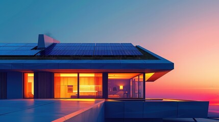 Obraz premium Modern luxury house with large windows and solar panels, captured at sunset with vibrant colors illuminating the exterior.