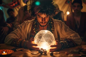 A captivating scene of a fortune teller gazing into a crystal ball, surrounded by astrologists and tarot card readers performing readings and reading palms. The mystical atmosphere is enhanced by dim