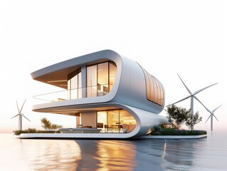 Fototapeta premium Modern sustainable house with futuristic design, surrounded by wind turbines, situated on the water reflecting a serene sunset.