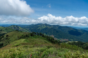 Breathtaking panoramic landscape with snow-capped alpine peaks, green meadows, and fluffy clouds across a clear blue sky