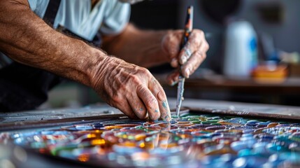 Close-up of a Craftsman's Hands Applying Lead Cames to a Stained Glass Window.