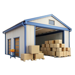 Warehouse building cargo with cardboard box 3d isolated on transparent background