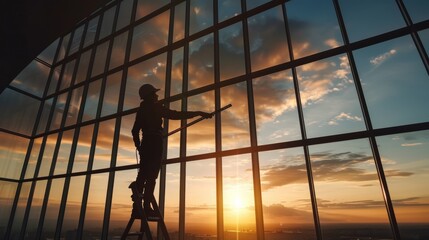Silhouette of a Construction Worker Measuring a Large Window During Sunset.