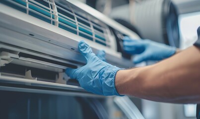 Asian Employee Performing Air Conditioner Check