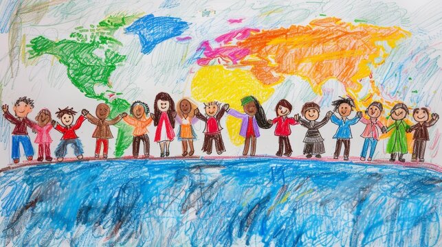 Diverse group of people holding hands around the world in child's drawing, symbolizing unity and hope for global harmony.