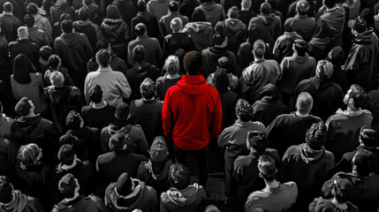 Colored man standing out from large crowd of black and white people. Stand out from the crowd concept. 