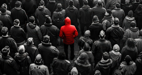 Colored man standing out from large crowd of black and white people. Stand out from the crowd concept. 