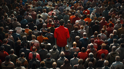 Obraz premium A young man dressed in red, very tall, standing out from large crowd of people. Stand out from the crowd concept.